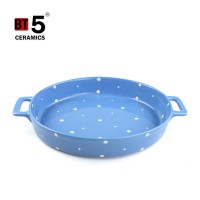 High quality ceramic round tray microwave baking pan with two handle